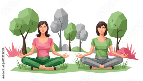 two women meditating in lotus position outdoors polygonal style peaceful nature setting