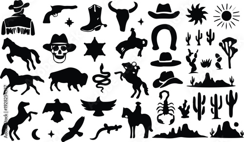 hand drawn western cowboy theme black icons cowboy silhouette vector illustration design art image 
