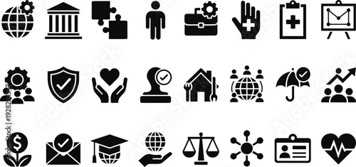 Business and corporate social responsibility icons set, finance, healthcare, education, teamwork, protection, growth strategy and global management vector illustration collection