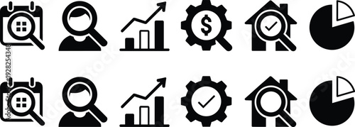 Business analytics and market research icons set, data analysis, financial growth, performance monitoring, audit, strategy planning vector illustration collection
