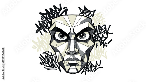 geometric abstract human face with graffiti background hand drawn style illustration
