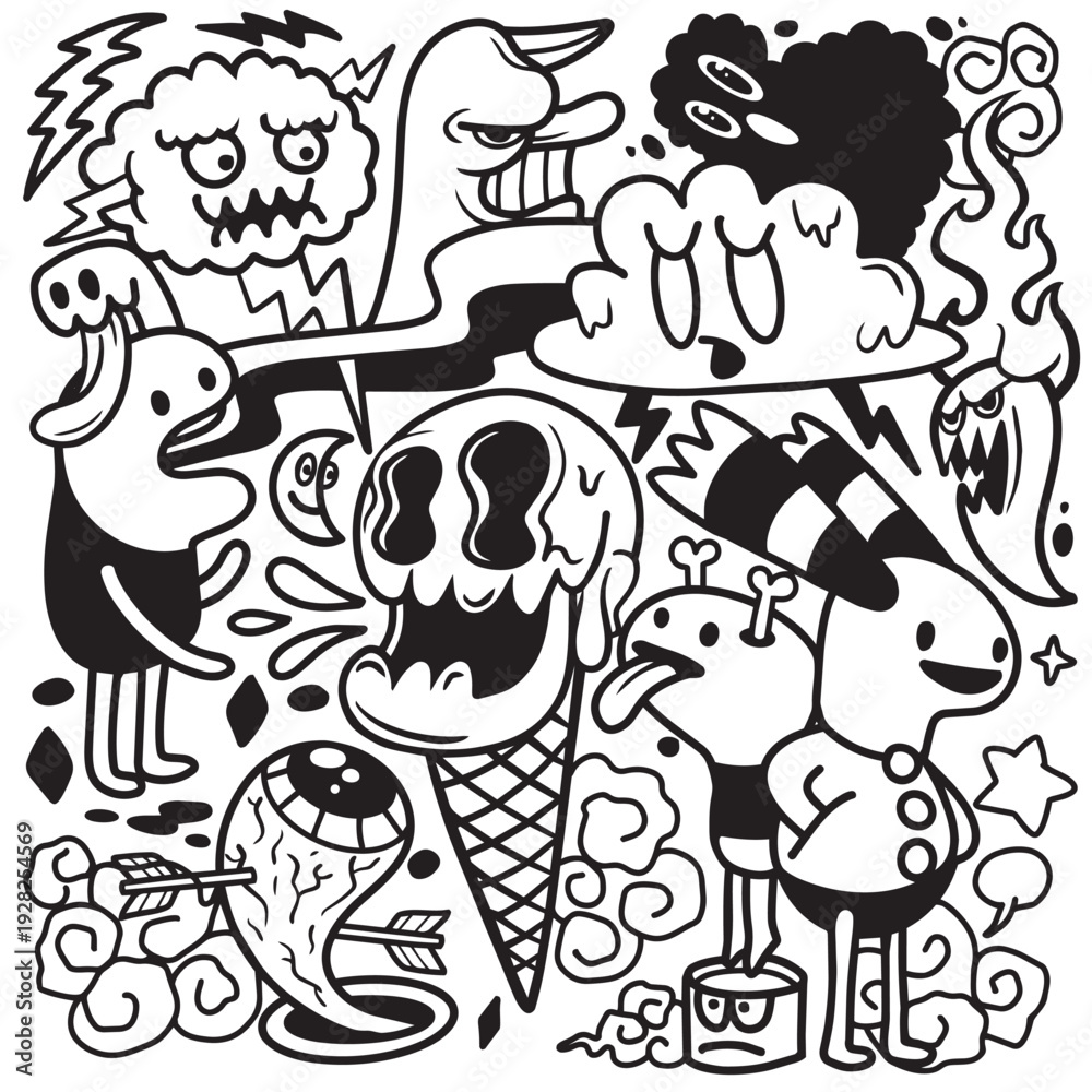 Fototapeta premium Surreal doodle cartoon ice cream cloud monster fantasy expressive black and white