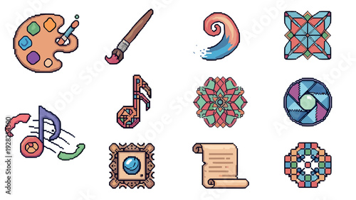 set of hand drawn colorful art and music icons with geometric style decorative elements