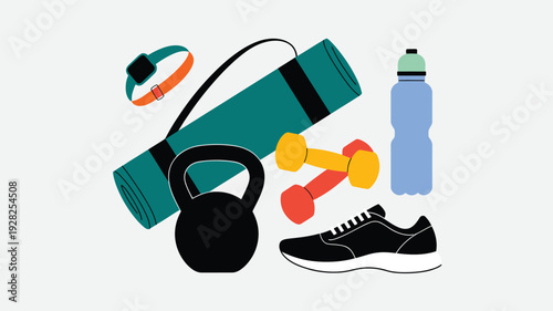 fitness equipment set with yoga mat kettlebell dumbbells sneakers and water bottle isolated on white background sports concept