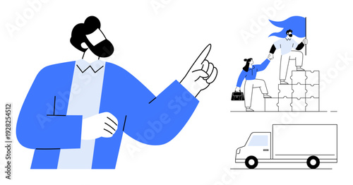 Leadership, teamwork, logistics, collaboration, goal setting, motivation. A man pointing forward, shared effort climbing blocks truck indicating logistics. Leadership and teamwork