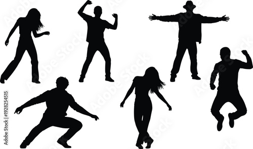 Black silhouette of a group of people dancing and jumping in energetic poses isolated on white background for party and celebration concepts