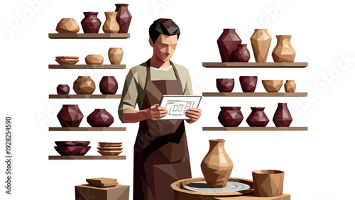 male potter analyzing pottery design sketches while standing near clay pots on shelves and pottery wheel in polygonal style