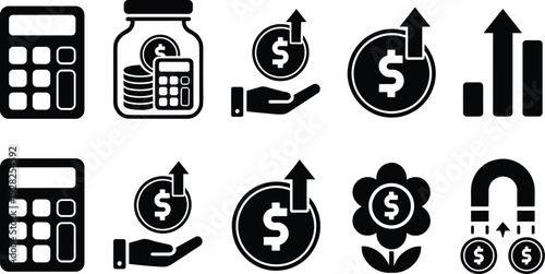 Financial growth and investment icons set, profit increase, savings account, calculator, revenue chart, money attraction vector illustration collection