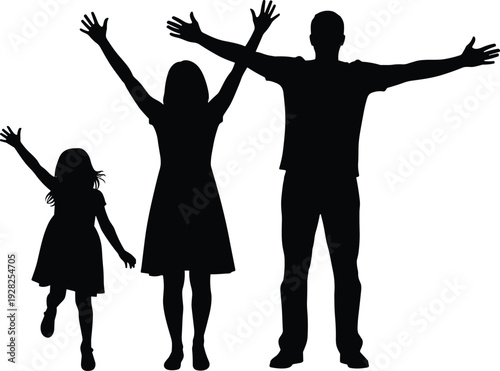 Black silhouette of a happy family with father mother and daughter raising arms in celebration isolated on white background for lifestyle concepts