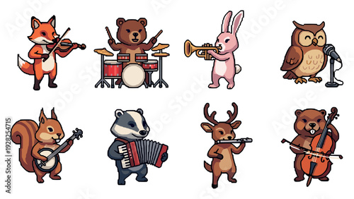 cute animals playing different musical instruments hand drawn cartoon set