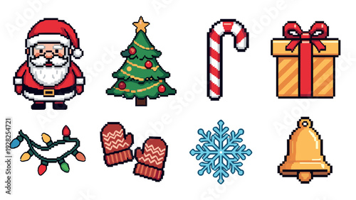 pixel art christmas holiday icons set with santa tree candy cane gift lights mittens snowflake and bell