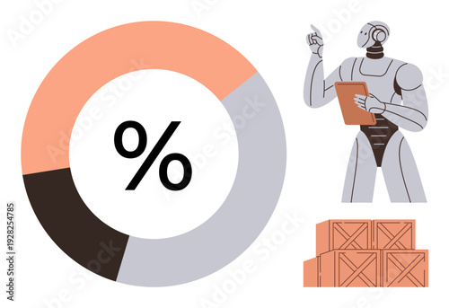 Logistics, automation, data analysis, AI technology, business strategy, progress tracking. Robot analyzing data holding a tablet, pie chart and stacked cargo boxes. Logistics and automation concept