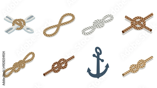 set of hand drawn nautical ropes and anchor vector illustration