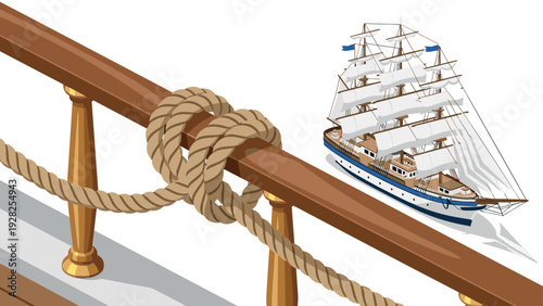 rope knot tied to wooden railing with sailing ship in the background vector illustration