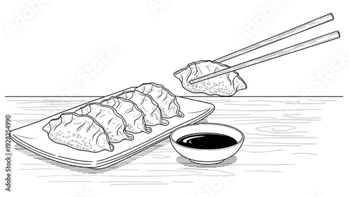 plate of dumplings with soy sauce and chopsticks hand drawn line art illustration