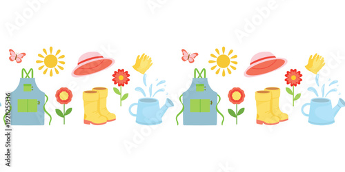 Fresh Garden Border, Seamless Spring Border. Spring Garden Repeat, Playful Border Tile for Fabric and Print