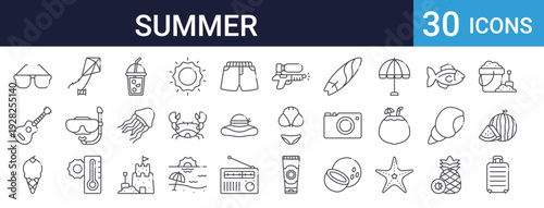 Summer Beach Vacation Icons Set of 30 Thin Line Vector
