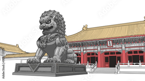 stone guardian lion statue in traditional chinese palace courtyard hand drawn illustration