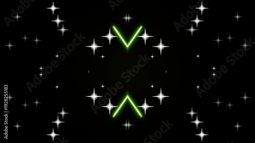 A vibrant green checkmark surrounded by sparkling stars against a dark background viewed from a straightforward perspective