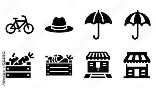 set of minimalist black bicycle hat umbrella vegetable crate and market shop icons hand drawn collection