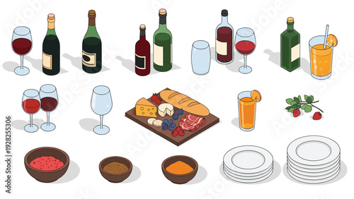 Extensive array of party food and beverages including wine, juice, appetizers on a board, and snacks in isometric vector illustration.