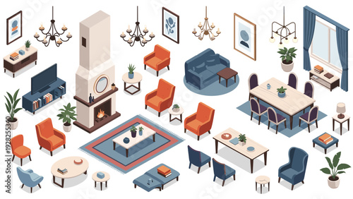 Comprehensive collection of living room furniture and home decor elements including sofas, chairs, and a fireplace in isometric style.