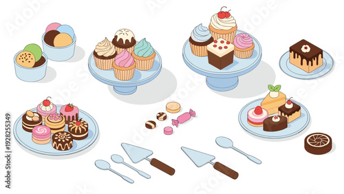 Delicious assortment of sweet desserts including cupcakes, cake slices, and ice cream scoops shown in isometric vector illustration.