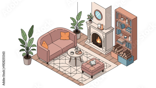 Cozy living room interior featuring a comfortable sofa, fireplace, bookshelf, and coffee table in a clean isometric illustration.