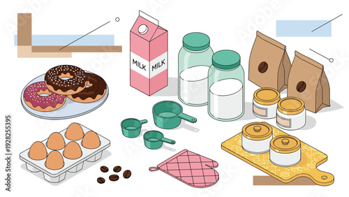 Collection of baking essentials and ingredients including donuts, eggs, milk, and measuring tools in isometric vector illustration.