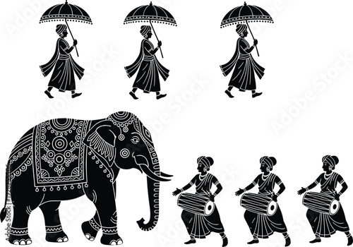 Indian traditional procession silhouettes with decorated elephant, musicians playing dhol drums, woman holding umbrella, cultural festival celebration, ethnic heritage vector illustration