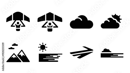set of black silhouette hang gliding and nature landscape icons in simple flat style