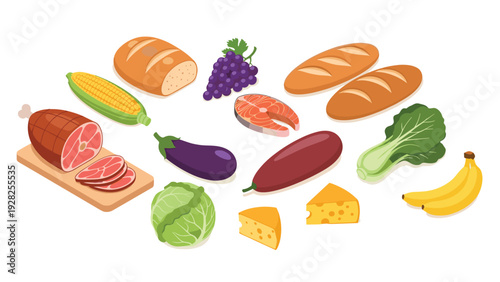 Diverse assortment of food items including bread, fruit, vegetables, meat, fish, and cheese scattered across a clean white surface.