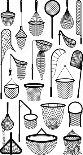 Collection of various fishing nets and strainers for fishing and cooking