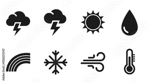 weather icons set with cloud thunderstorm sun drop rainbow snowflake wind and thermometer in black silhouette style