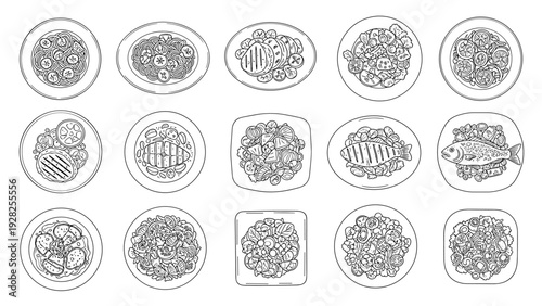 hand drawn set of various healthy food plates with salads grilled fish and pasta in outline style