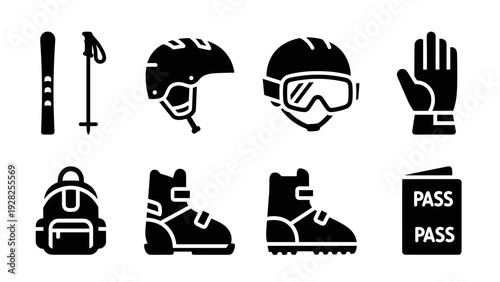 set of winter sports skiing and snowboarding equipment icons black silhouette style