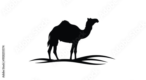 A black silhouette of a camel standing in grassy terrain silhouette