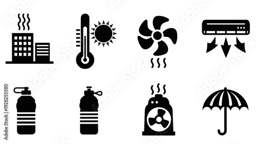 set of black heating and cooling icons including building radiator thermostat fan heater air conditioner water bottle and umbrella in hand drawn style