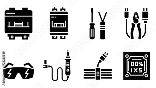 electrical tools and components set of black silhouette icons including transformer screwdrivers pliers safety glasses soldering iron cable and chip illustration