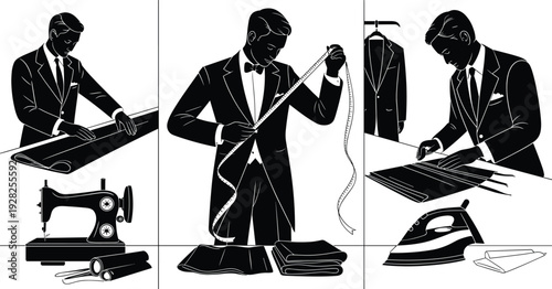 Professional tailor working process illustration, elegant menswear suit making scenes, measuring cutting sewing ironing, vintage fashion atelier vector design