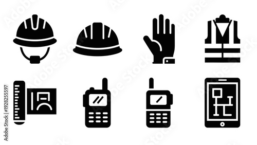 set of construction safety equipment and communication device icons in solid black silhouette style