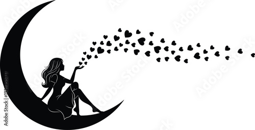 Black silhouette of a woman sitting on a crescent moon blowing heart shapes isolated on white background for fantasy and romance concepts