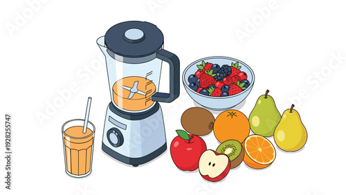 Kitchen scene featuring an electric blender making a smoothie alongside a bowl of berries and various whole and sliced fruits.