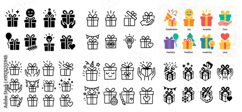 Gift icon set with celebrations and decorations