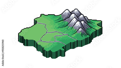 isometric map with green plains rivers and snow capped mountains in pixel art style for game design