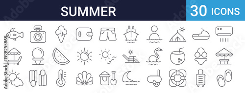 Summer Vacation Icons Set of 30 Thin Line Vector