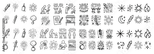 Hand-drawn fireworks and celebration icons