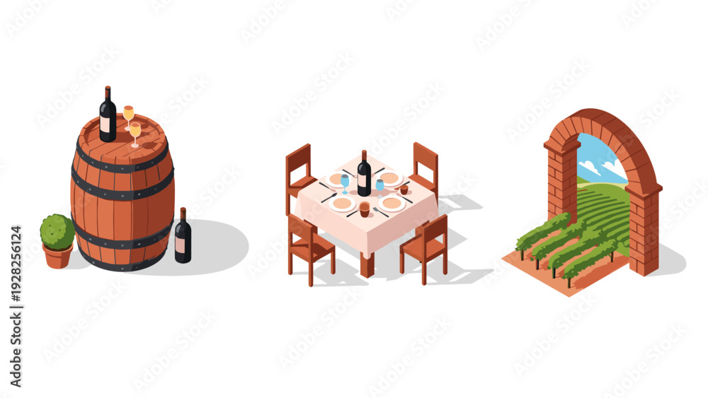 Fototapeta premium wine barrel table set dining outdoors vineyard landscape isometric collection