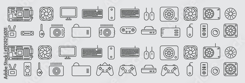 Collection of line art icons representing computer hardware components, including motherboards, fans, monitors, keyboards, mice, and game controllers, for technology and digital concepts.