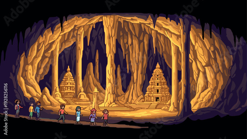 group of people exploring ancient cave temples hand drawn pixel art underground adventure